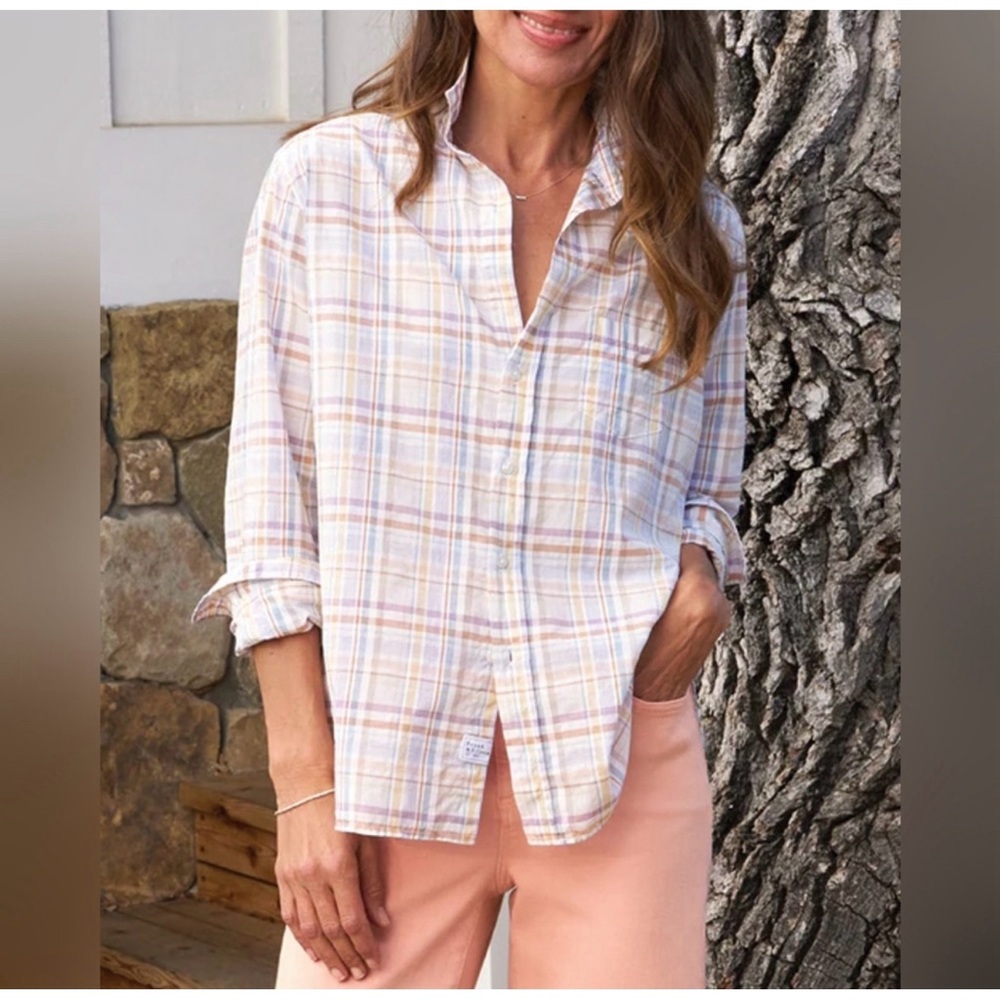 Frank & Eileen Eileen Relaxed Button-Up Shirt in Sand & Purple Plaid Size Medium